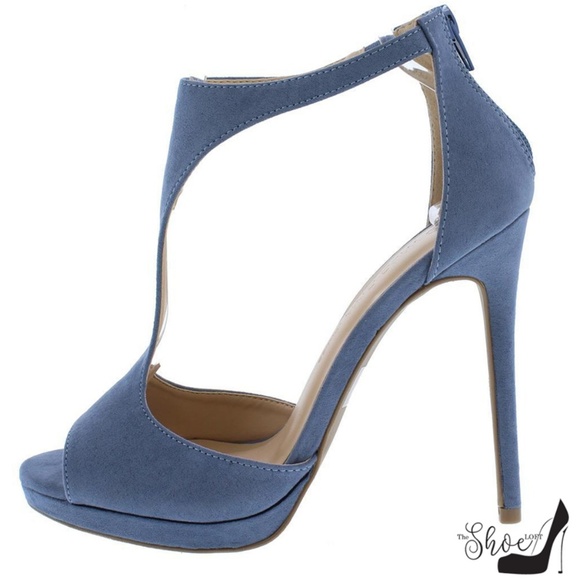 Lora Sueded Denim T-Strap Peep Toe Heels - Picture 6 of 9